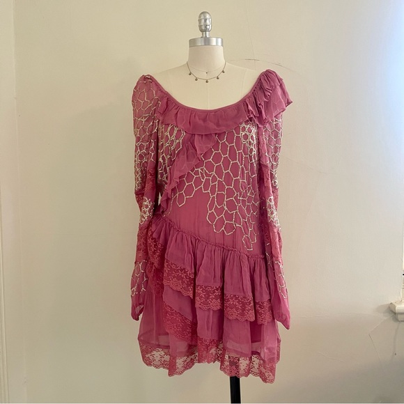 NWT LoveShackFancy Pink and Gold Ruffle Angora Mini Dress - Picture 2 of 10